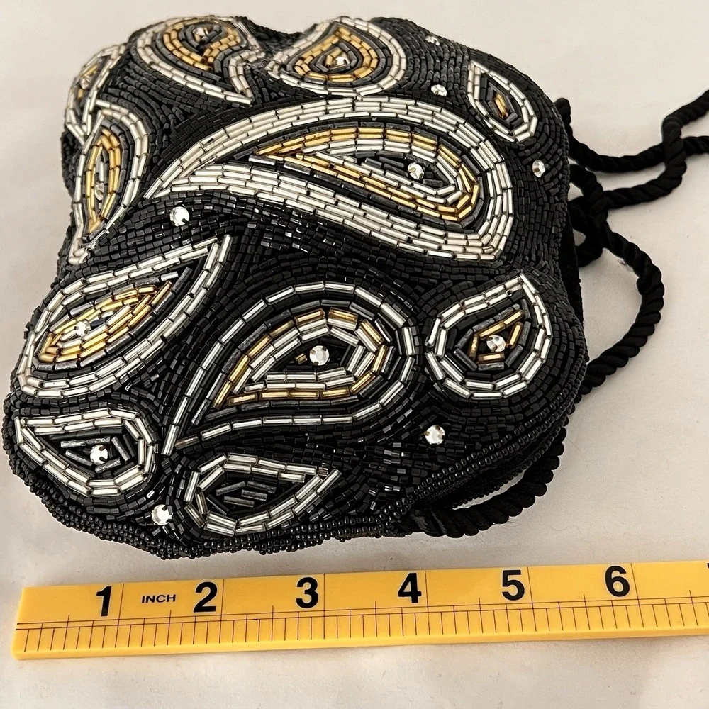Vintage Beaded Evening Clutch Purse Black‎ Gold Silver Glass Bead Handbag Small